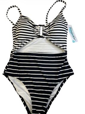 Freshwater Black & White Stripe One-Piece Swimsuit with Cutout
